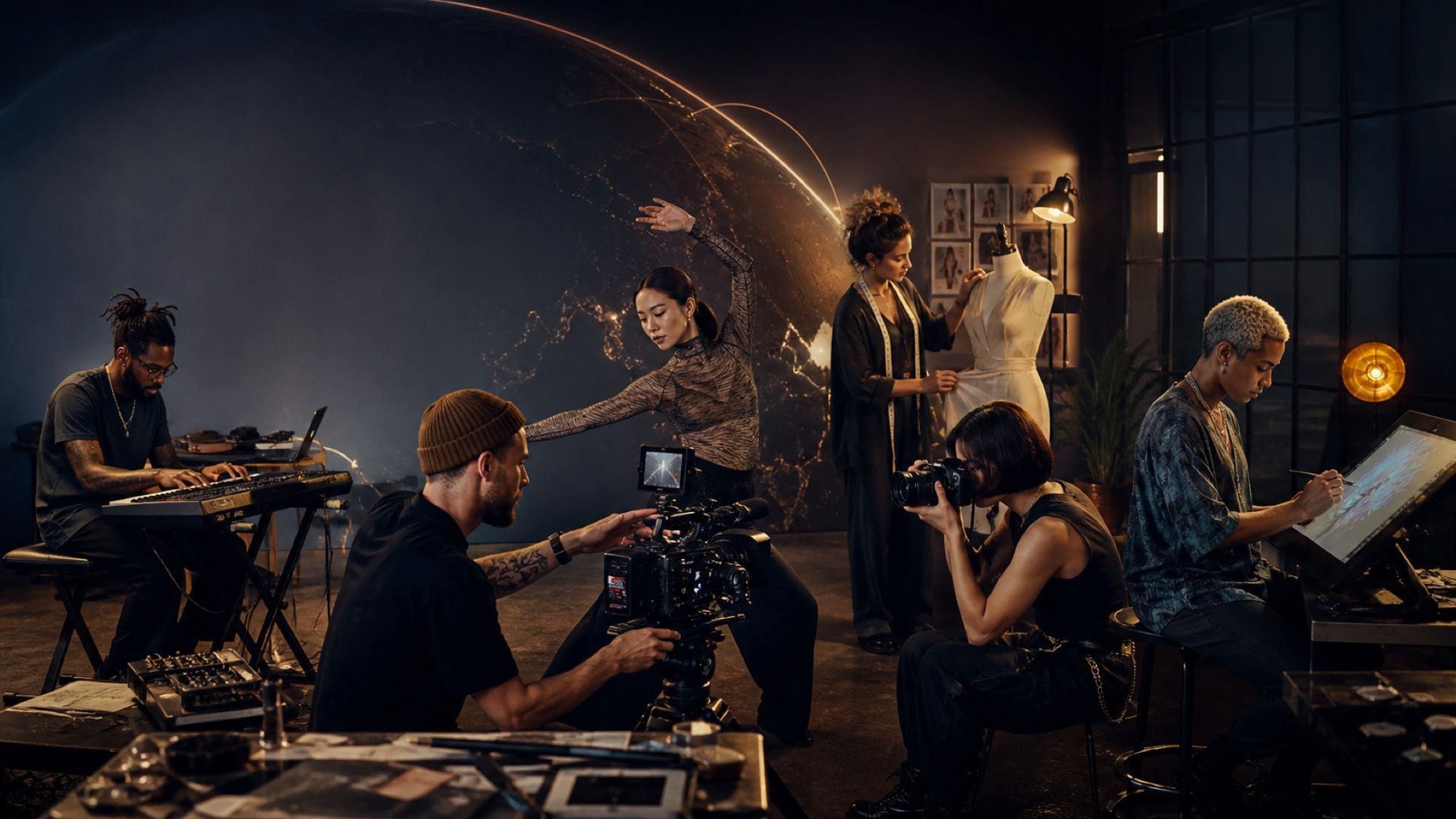 Musicians, a cinematographer, a dancer, a fashion designer, a photographer and an illustrator working together in a warm studio in front of a glowing globe